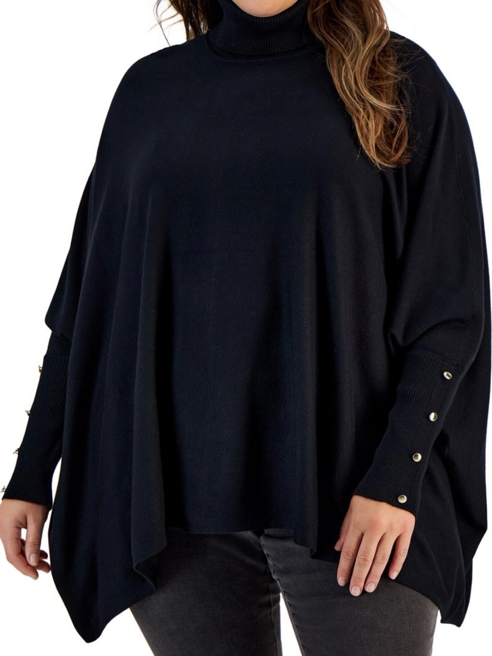 JM Collection Black Turtleneck Poncho Sweater with Button Cuffs NWT